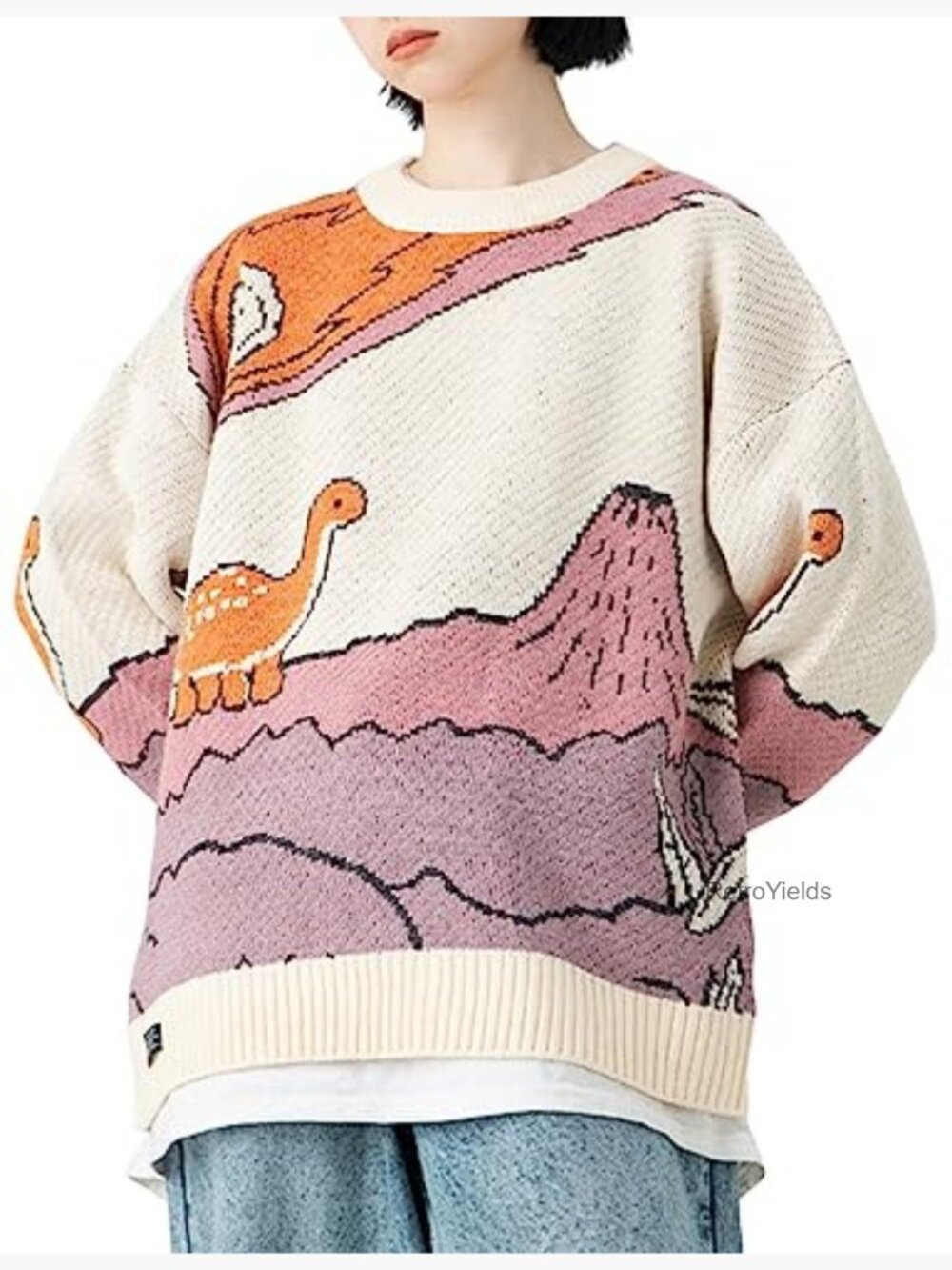 Oversized Dinosaur Knit Pullover Sweater Unisex Crewneck - Picture 2 of 7